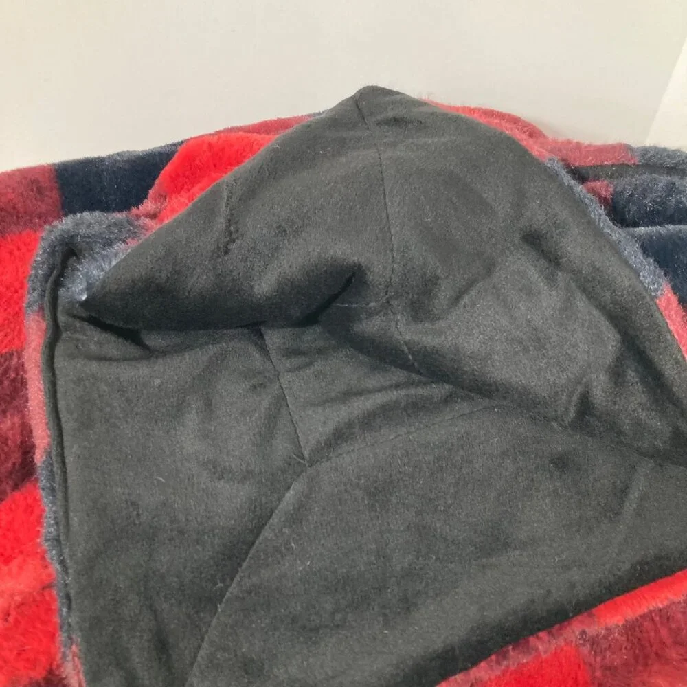 Vince Camuto Faux Rabbit Fur Buffalo Check Throw Blanket Black Red‎ 50 x 64
